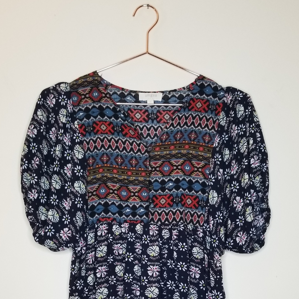 Umgeeboho Aztec Print Blue Shark Bit Tunic Top - image 3